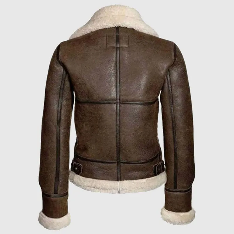 Best Style B3 Bomber Distressed Brown Aviator, Shearling Sheepskin Motorcycle Women Leather Jacket With Faux Fur