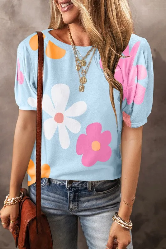 Big Flower Print Bubble Sleeve Tee