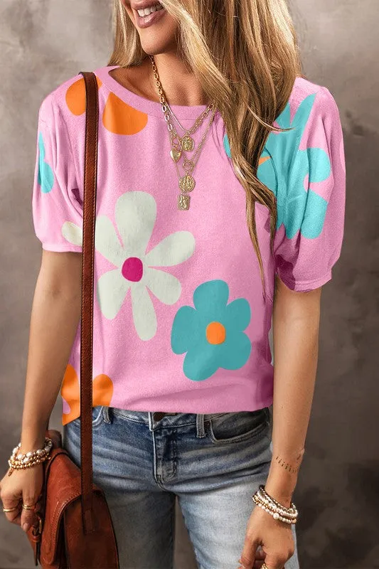 Big Flower Print Bubble Sleeve Tee