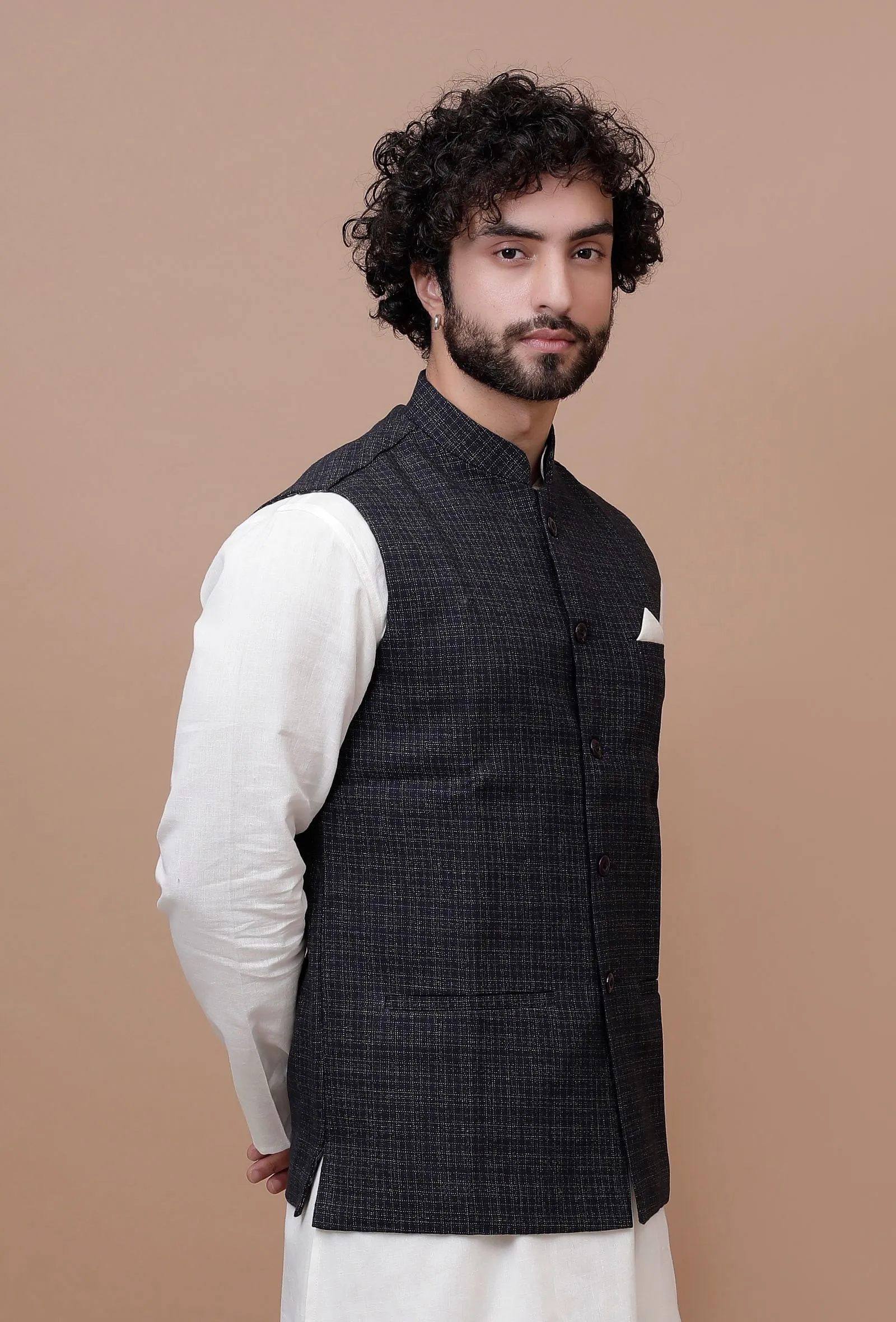 Black Check Woolen Nehru Jacket