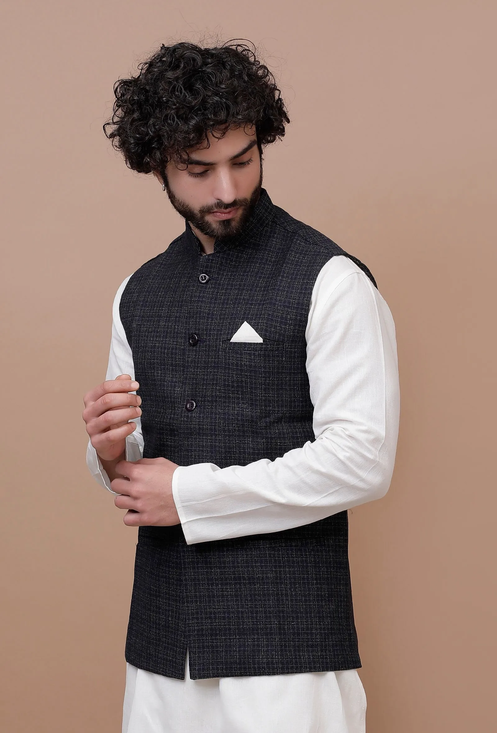 Black Check Woolen Nehru Jacket