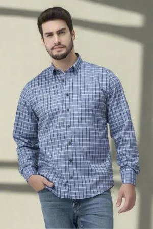 Blue Check Long Sleeve Men's Hidden Button Down Regular Fit Shirt