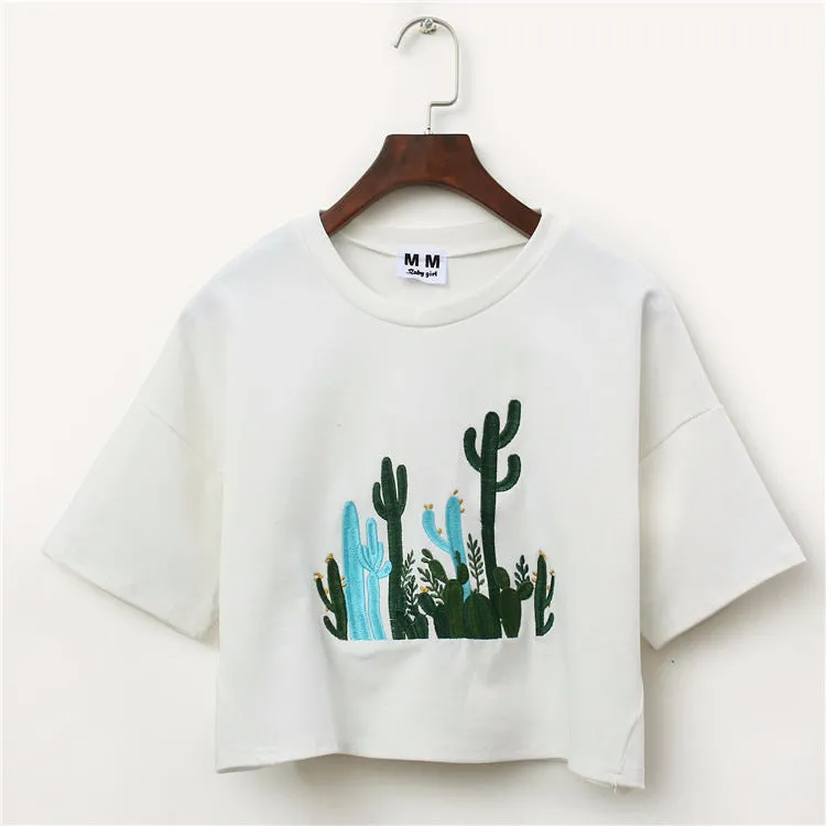 Cactus Embroidery Harajuku Style Crop Top Shirt