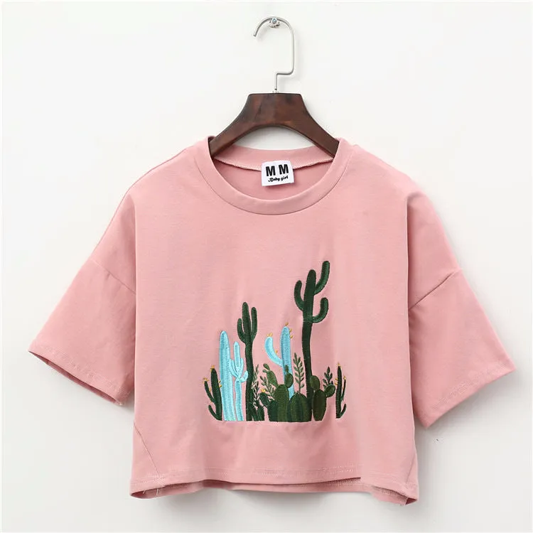 Cactus Embroidery Harajuku Style Crop Top Shirt