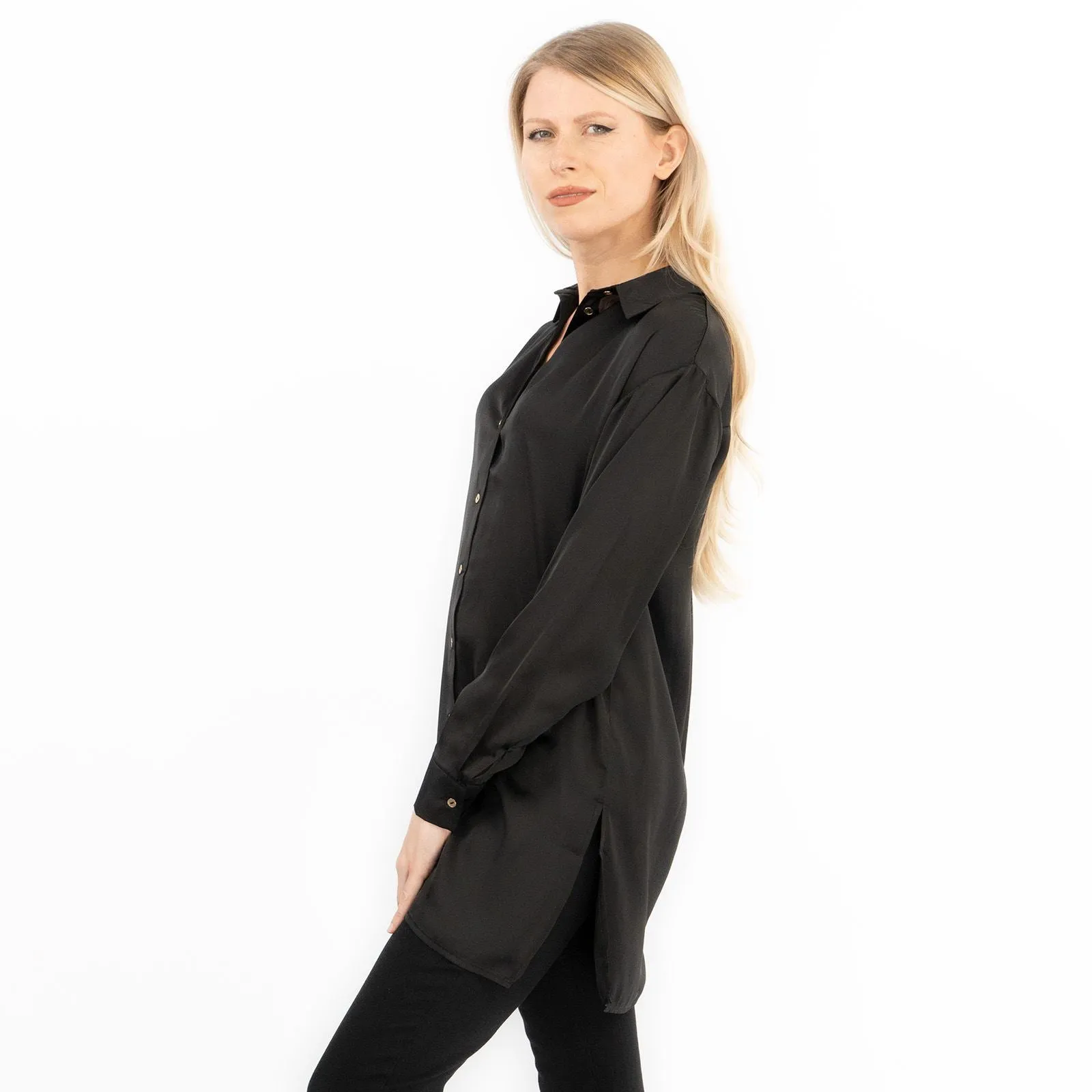 Coast Black Drap Satin Longline Long Sleeve Tunic Shirt