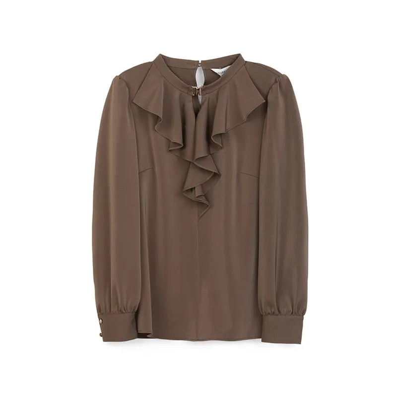 Dark Brown Ruffles Collar Blouses