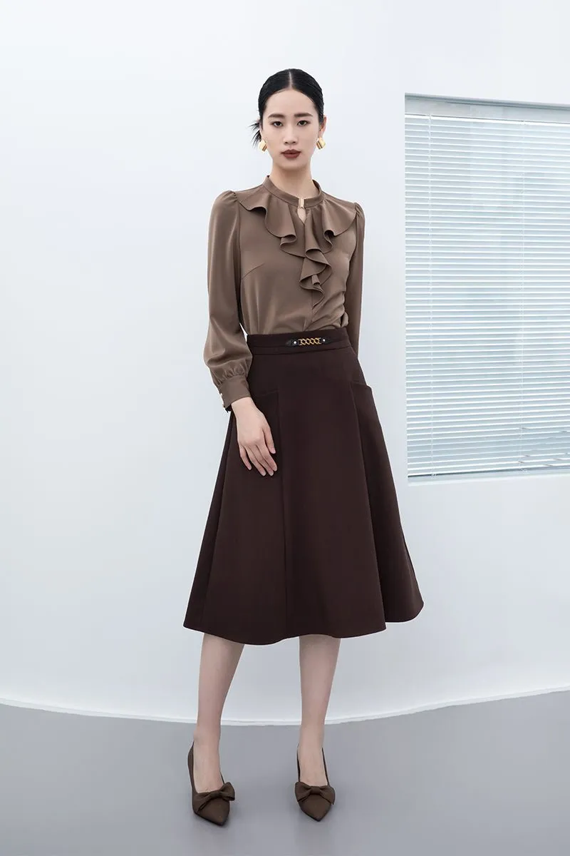 Dark Brown Ruffles Collar Blouses