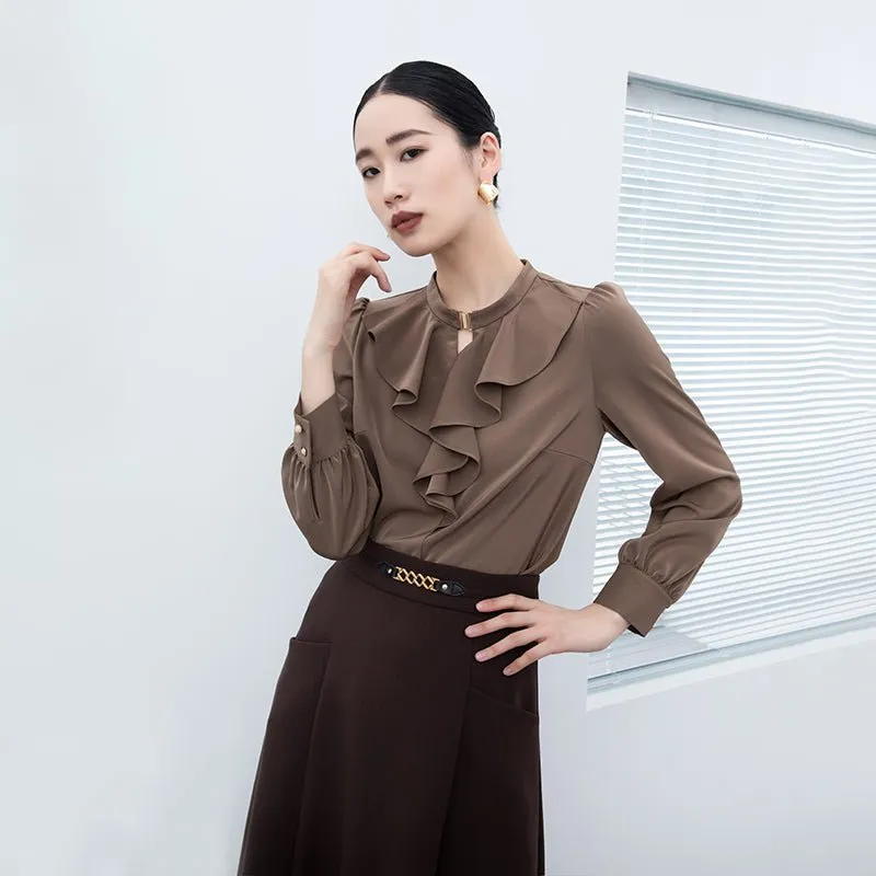 Dark Brown Ruffles Collar Blouses