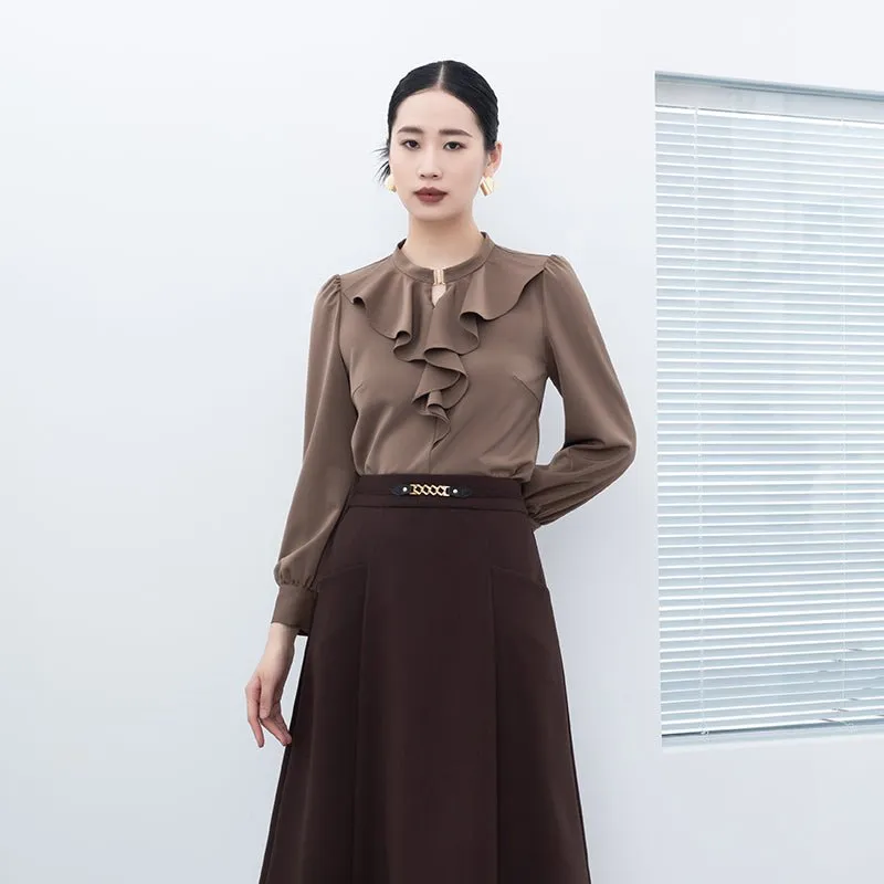 Dark Brown Ruffles Collar Blouses