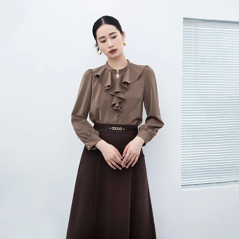 Dark Brown Ruffles Collar Blouses