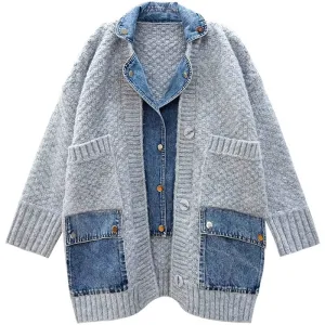 Denim Patch Blazer Sweater Jacket