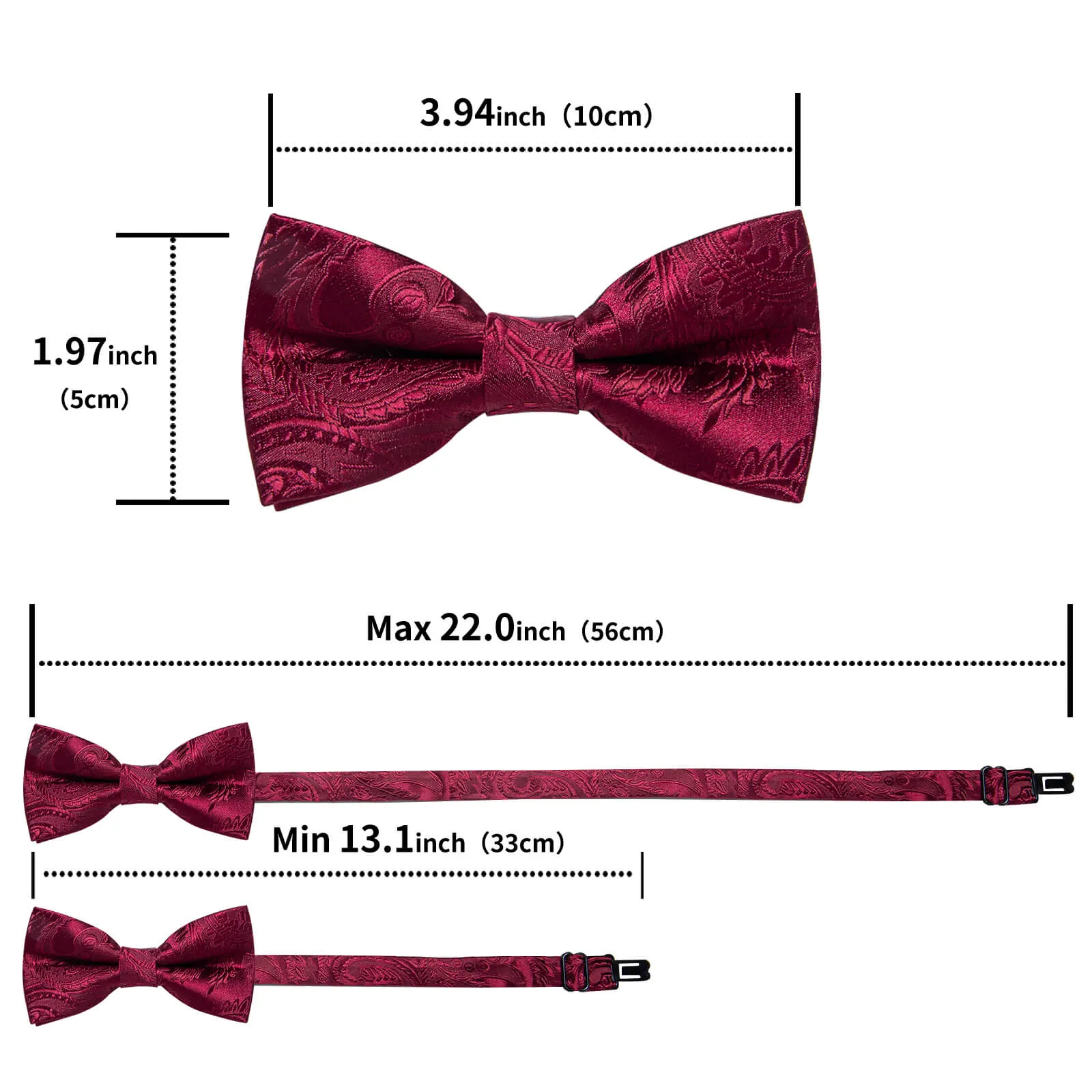 DiBanGu Kids Bow Tie Burgundy Red Paisley Silk Pre-Bow Tie Pocket Square Set