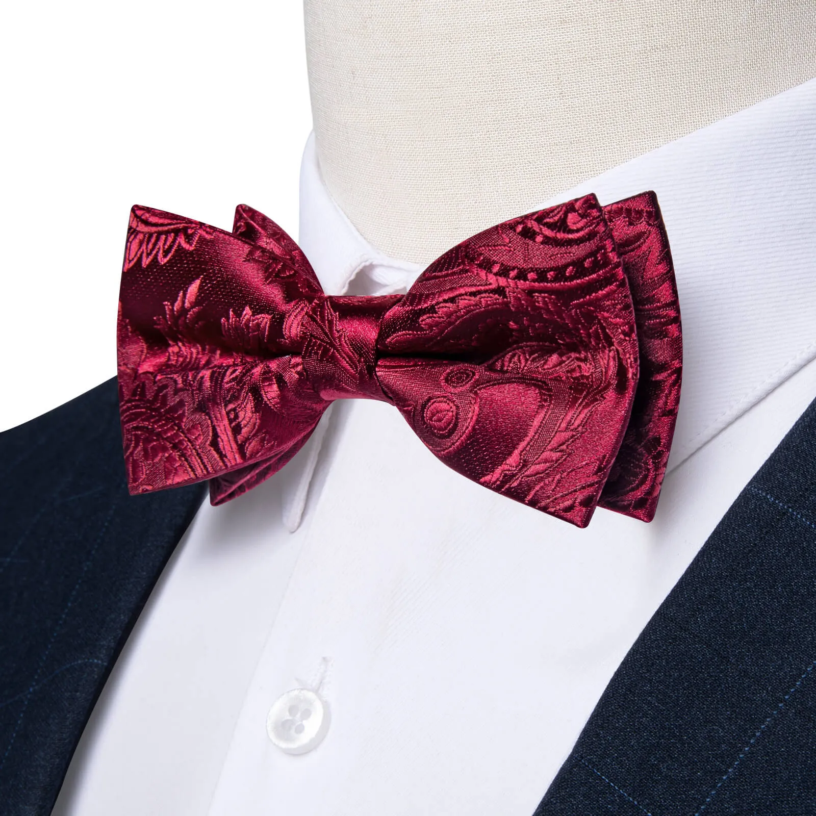 DiBanGu Kids Bow Tie Burgundy Red Paisley Silk Pre-Bow Tie Pocket Square Set