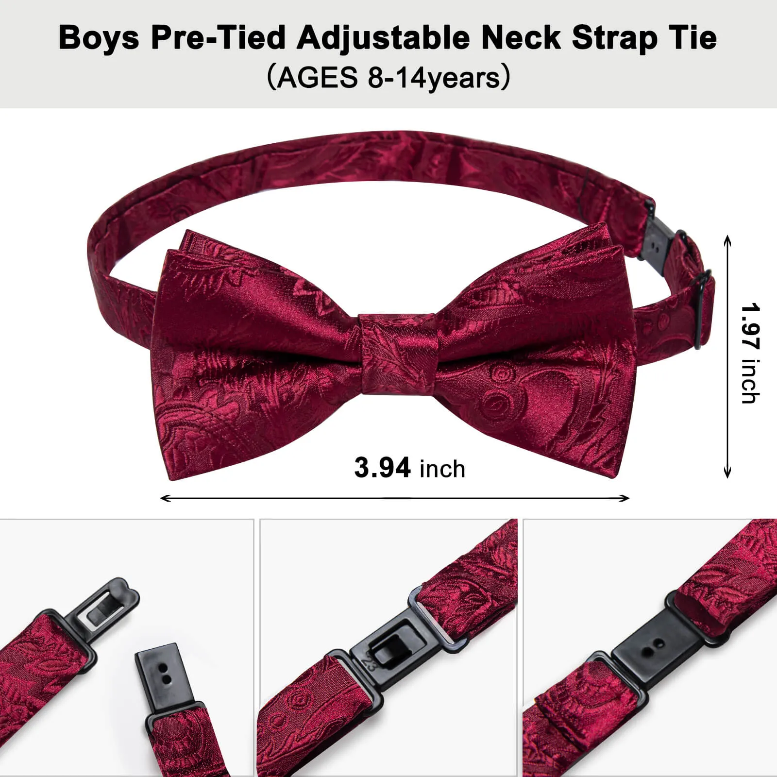 DiBanGu Kids Bow Tie Burgundy Red Paisley Silk Pre-Bow Tie Pocket Square Set