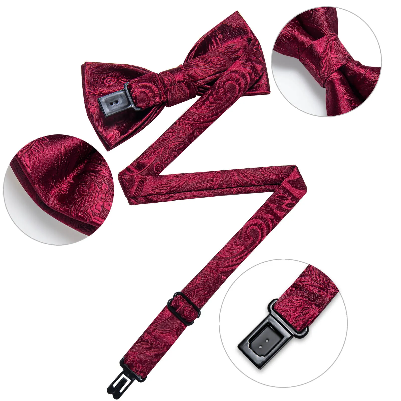 DiBanGu Kids Bow Tie Burgundy Red Paisley Silk Pre-Bow Tie Pocket Square Set