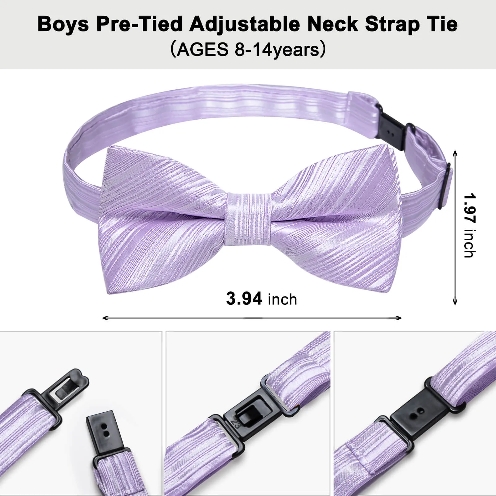 DiBanGu Kids Bow Tie Lavender Purple Striped Silk Pre-Bow Tie Hanky Set