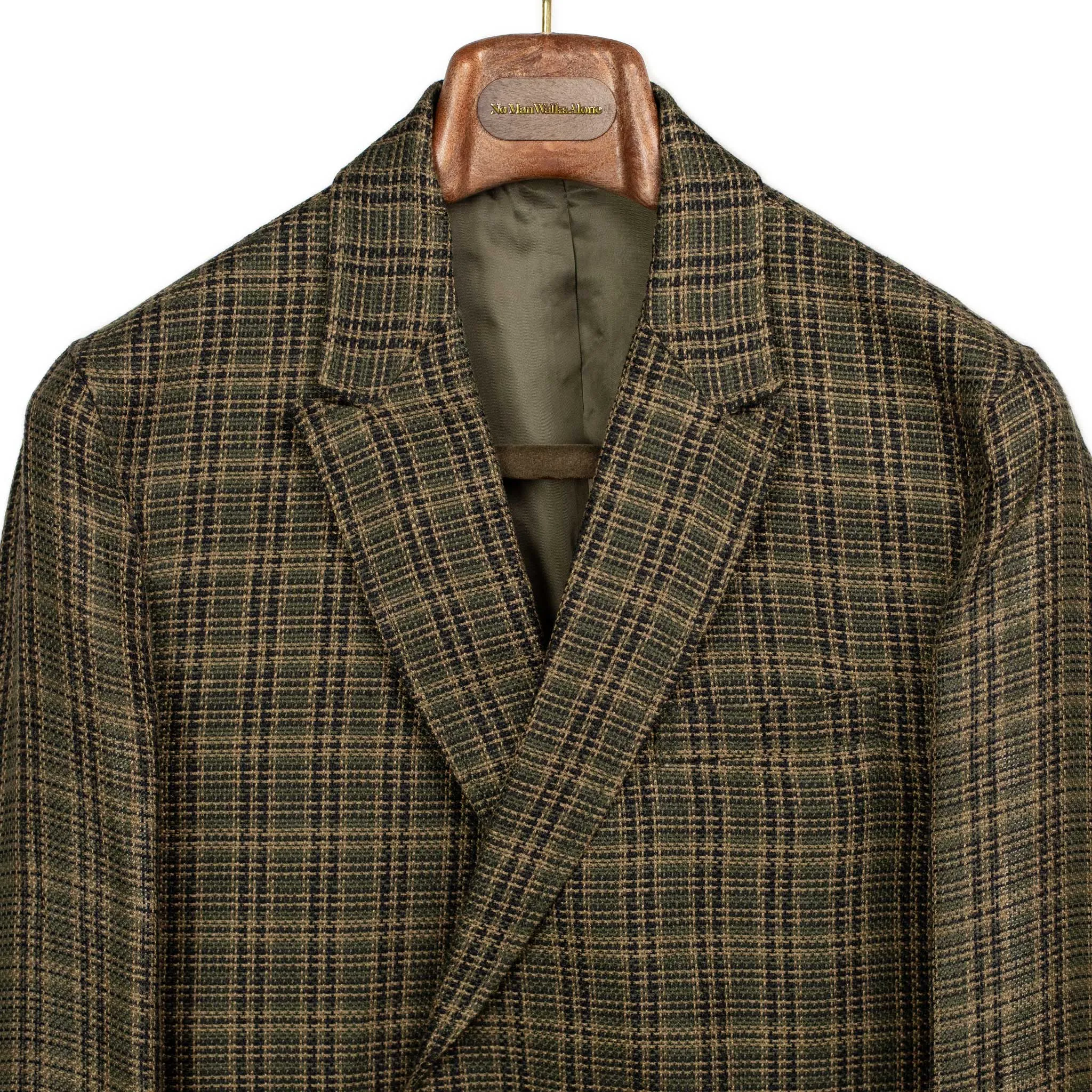 Double-breasted relaxed jacket in dark olive plaid open-weave linen