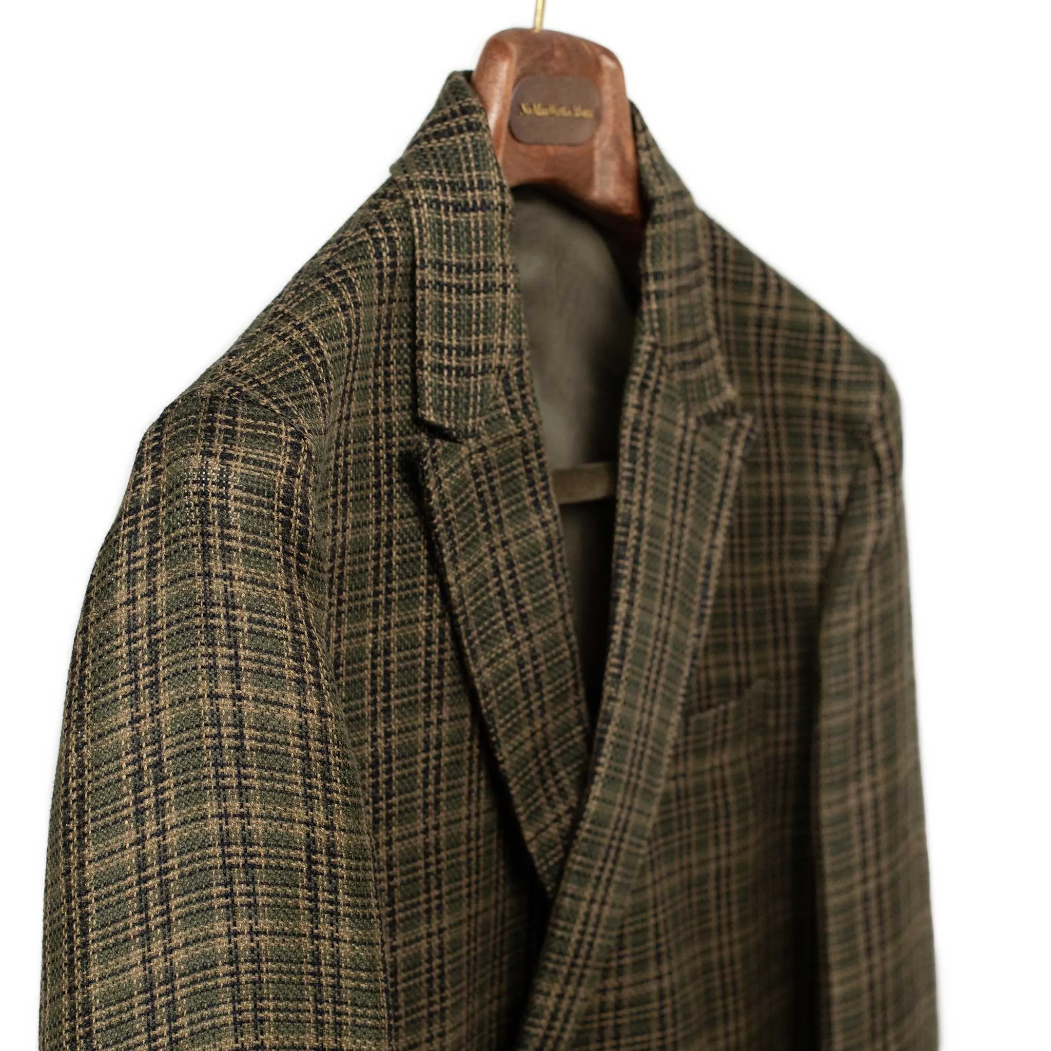 Double-breasted relaxed jacket in dark olive plaid open-weave linen