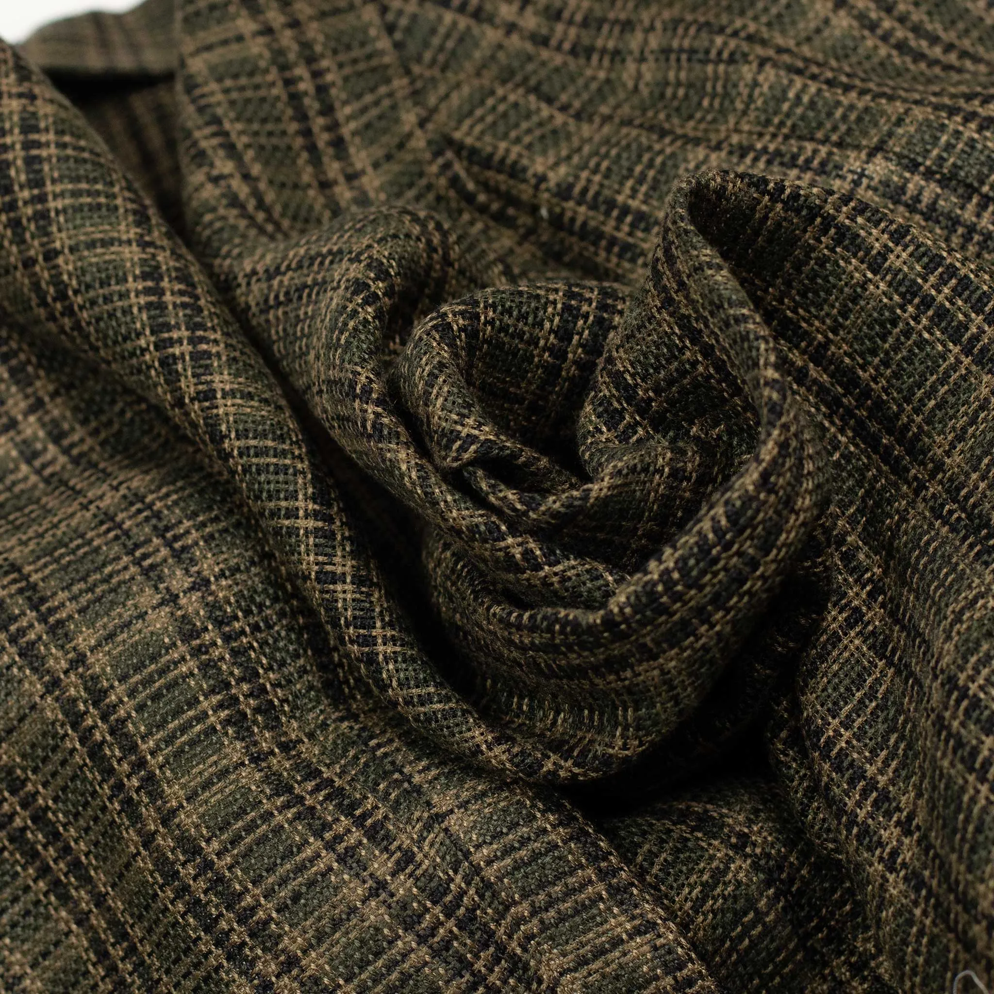 Double-breasted relaxed jacket in dark olive plaid open-weave linen