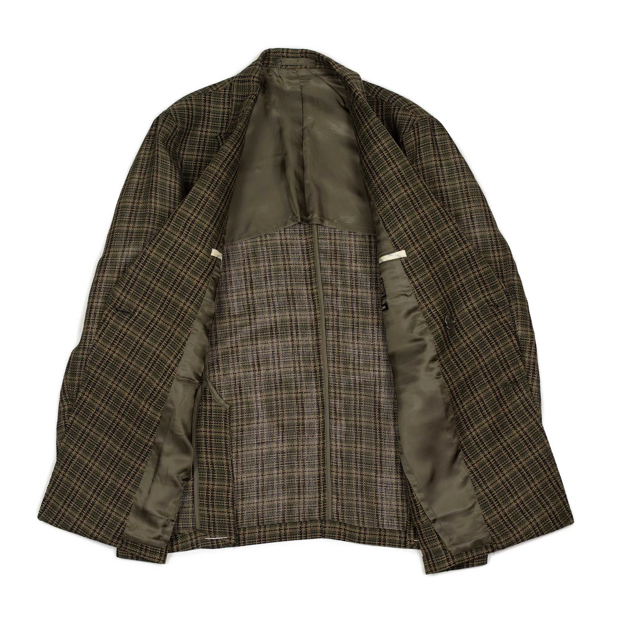 Double-breasted relaxed jacket in dark olive plaid open-weave linen