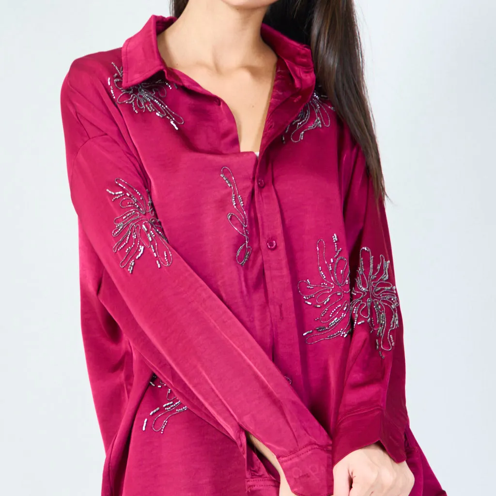 Embellished button-up silk blouse with floral embroidery wholesale