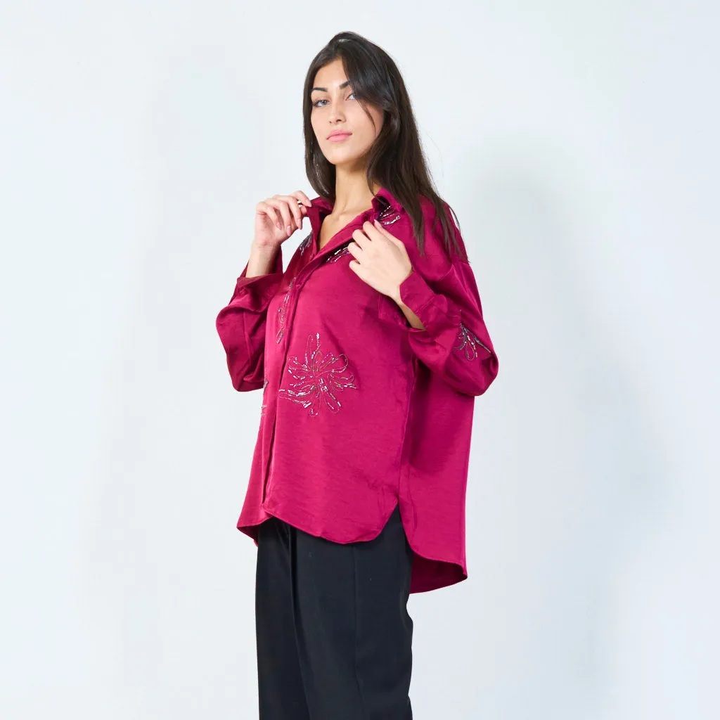 Embellished button-up silk blouse with floral embroidery wholesale