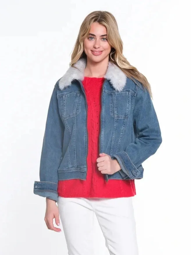 Fur Collar Denim Jacket by Tru Luxe