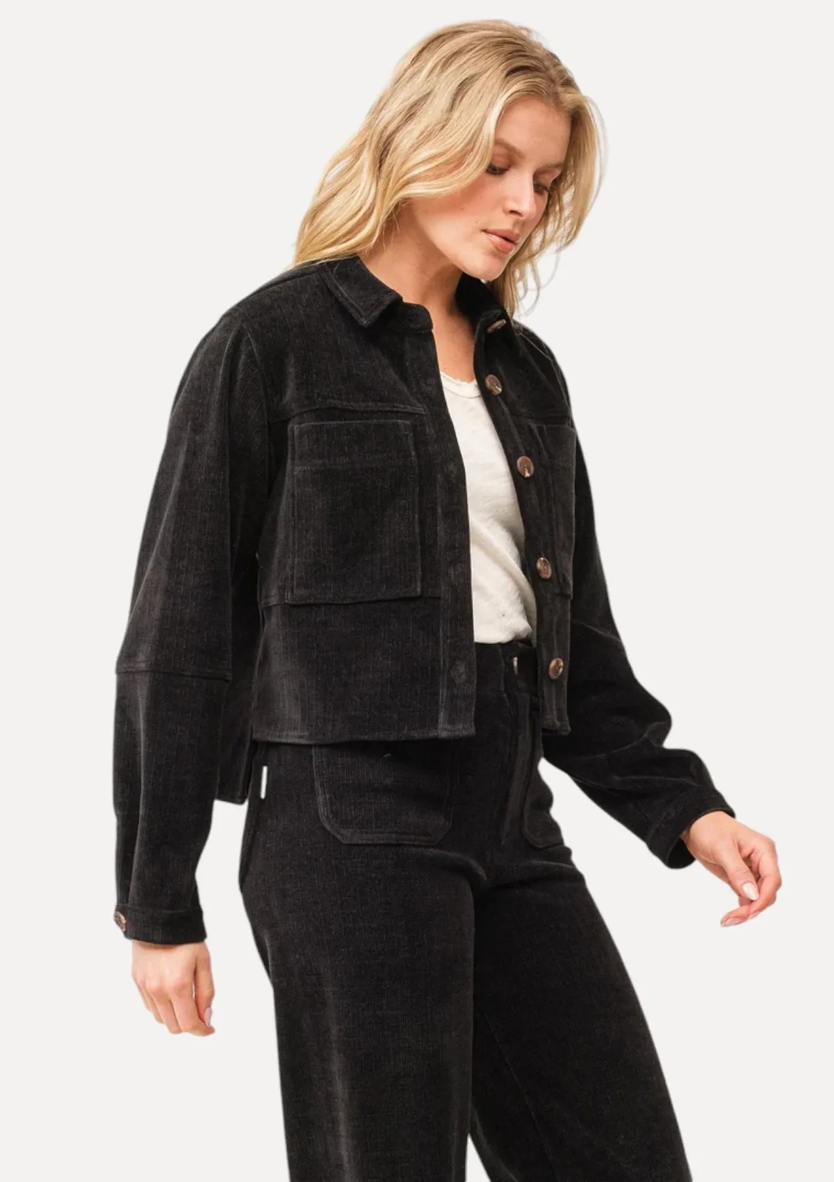 Gina Cropped Snap Front Jacket - Black