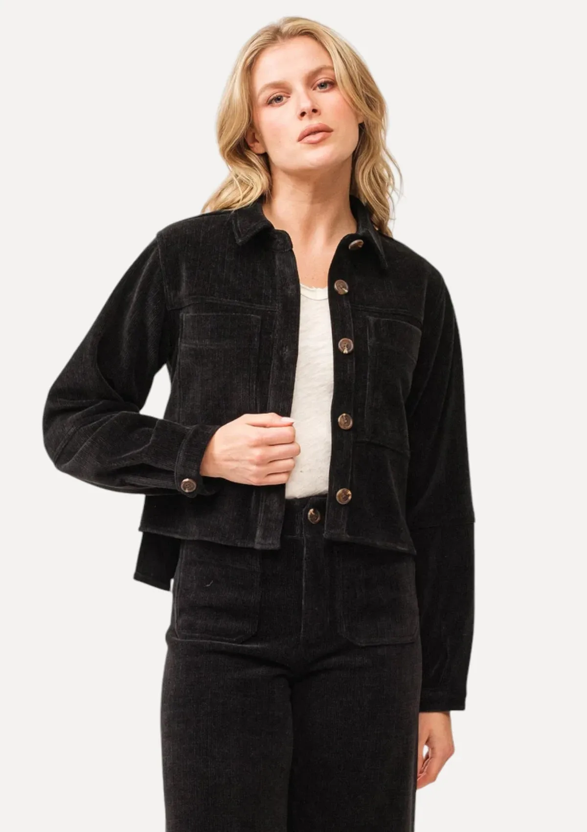 Gina Cropped Snap Front Jacket - Black