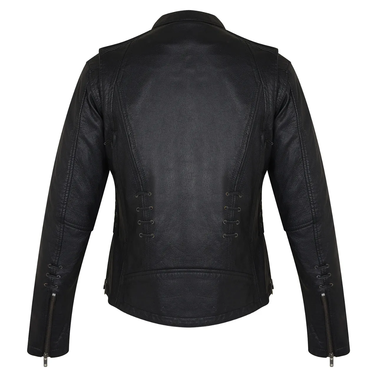 HML638B High Mileage Ladies Lightweight Black Goatskin Jacket w/ Grommeted Twill and Lace Highlights