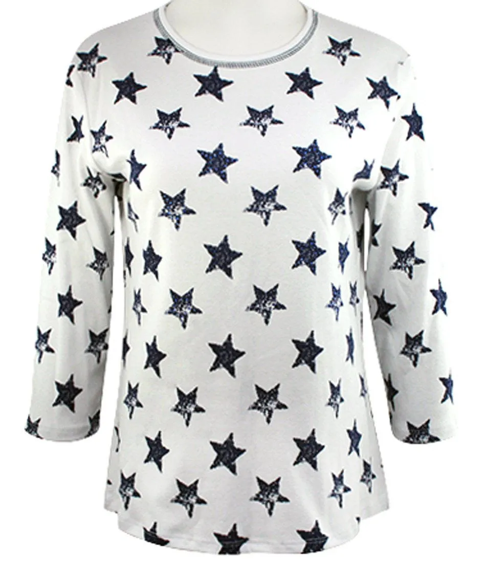 Jess & Jane - American Stars, 3/4 Sleeve Scoop Neck Rhinestone Cotton Print Top