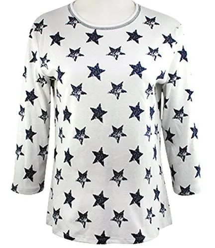 Jess & Jane - American Stars, 3/4 Sleeve Scoop Neck Rhinestone Cotton Print Top