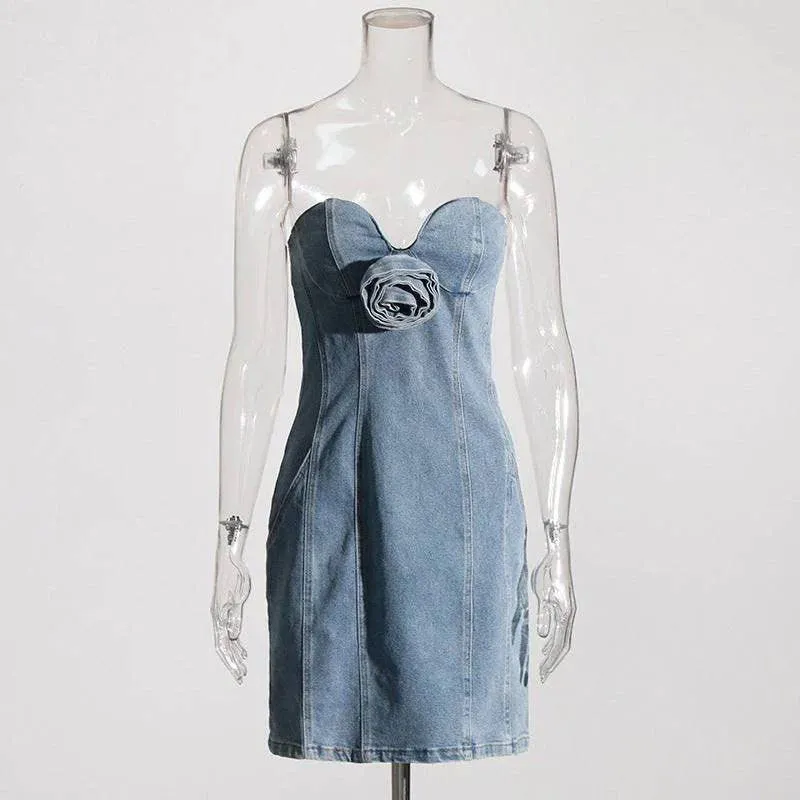 Kaylee Strapless Floral Applique Denim Mini Dress