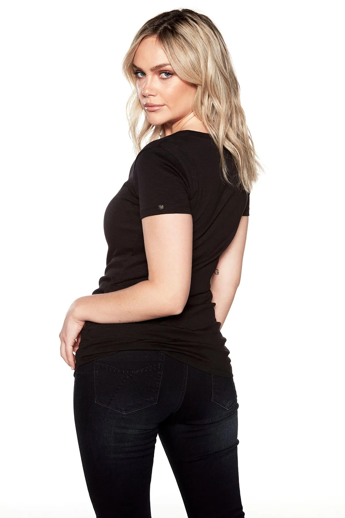 Ladies Short Sleeve Henley Crew Neck T-Shirt - Black