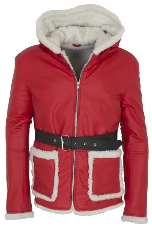 Men's Santa Claus Winter Christmas Hooded Fur Lined Red Leather Coat For Sale