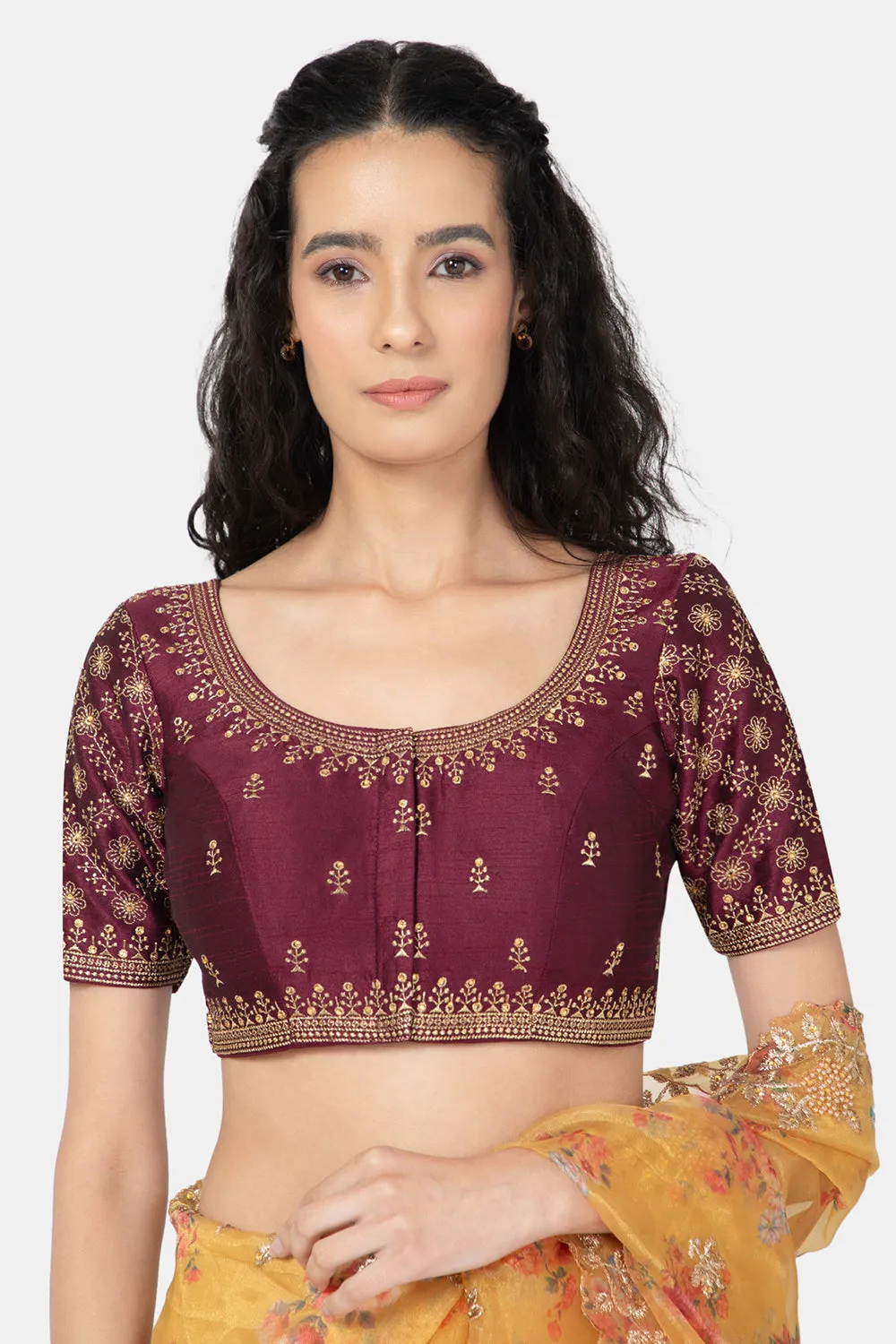 Naidu Hall Ethnic Saree Blouse with Round Neck Elbow Sleeves - Purple