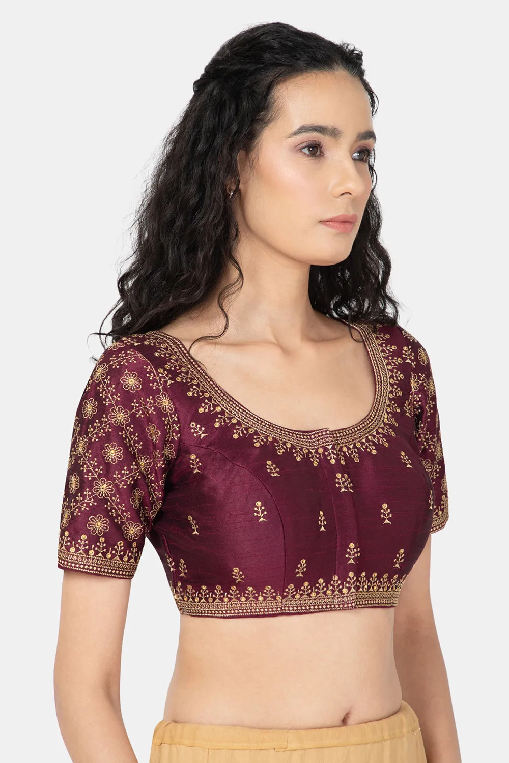 Naidu Hall Ethnic Saree Blouse with Round Neck Elbow Sleeves - Purple