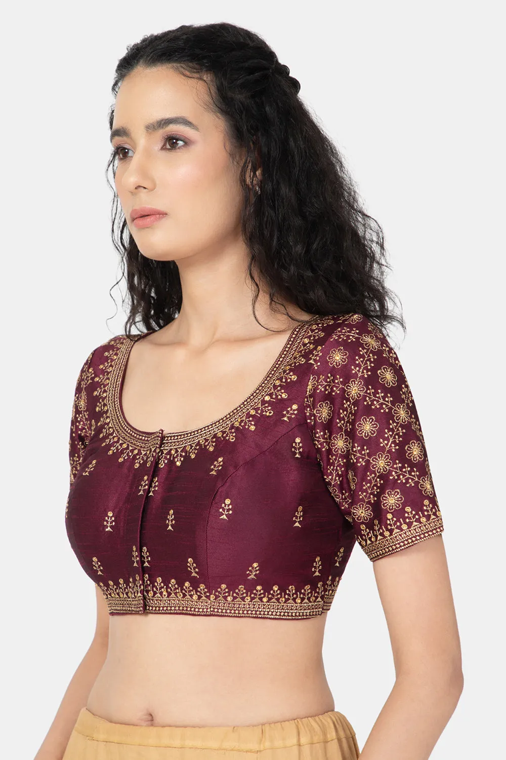 Naidu Hall Ethnic Saree Blouse with Round Neck Elbow Sleeves - Purple