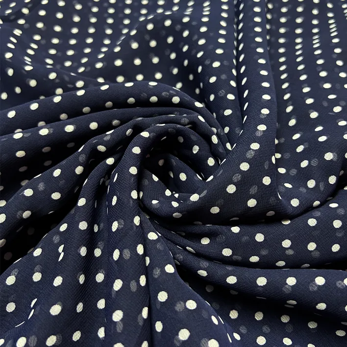 Navy Blue & White Polka Dot Printed Georgette Fabric (Wholesale)