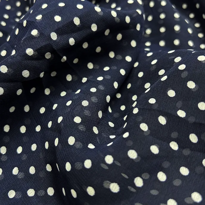 Navy Blue & White Polka Dot Printed Georgette Fabric (Wholesale)