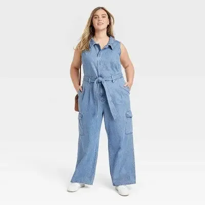 New - Universal Thread Women's Denim Cargo Jumpsuit Sleeveless Overalls Belt Loop