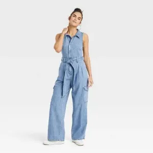 New - Universal Thread Women's Denim Cargo Jumpsuit Sleeveless Overalls Belt Loop