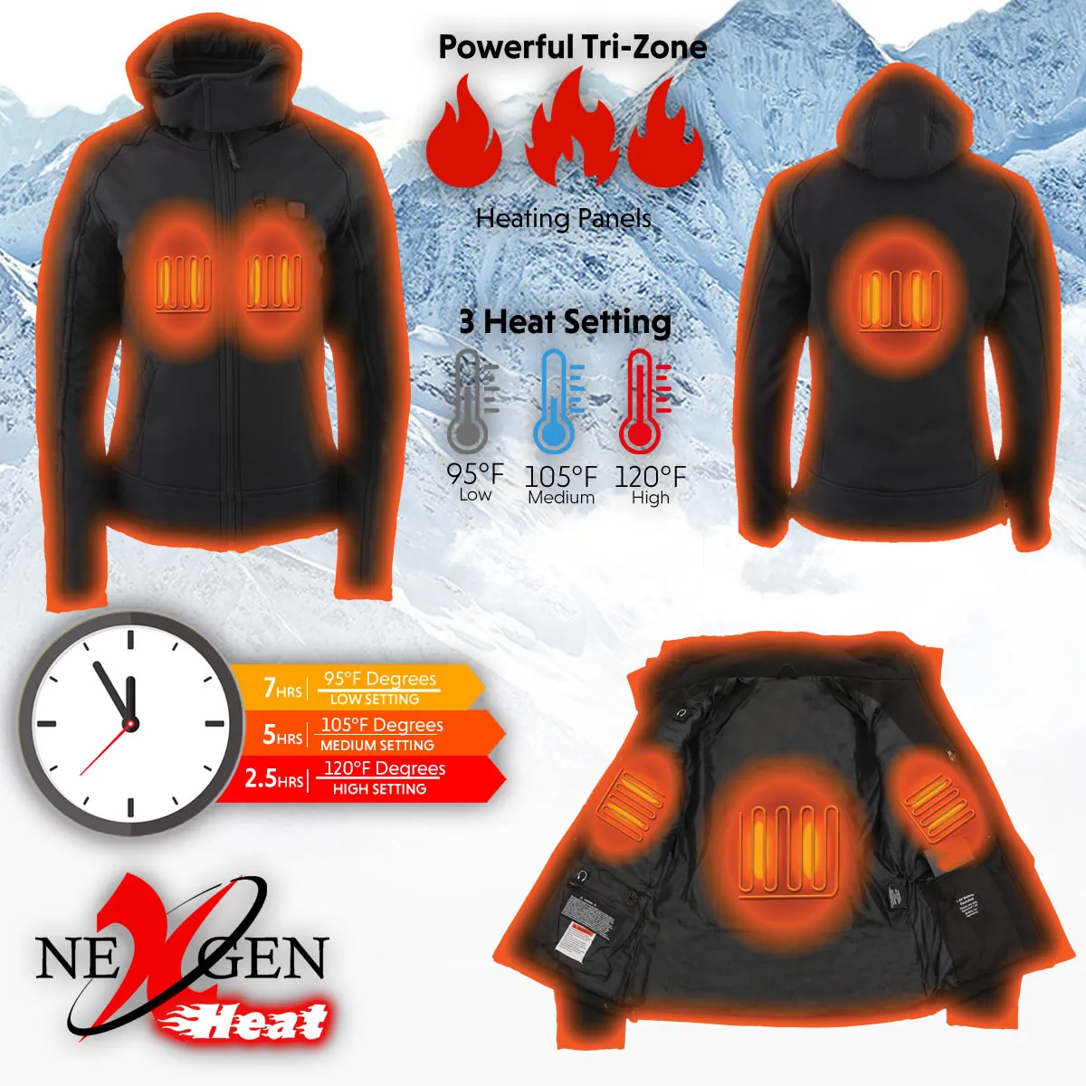 Nexgen Heat NXL2767SET Women's Black Ruffled Heated Soft Shell Jacket with Detachable Hood for Hiking w/ Battery