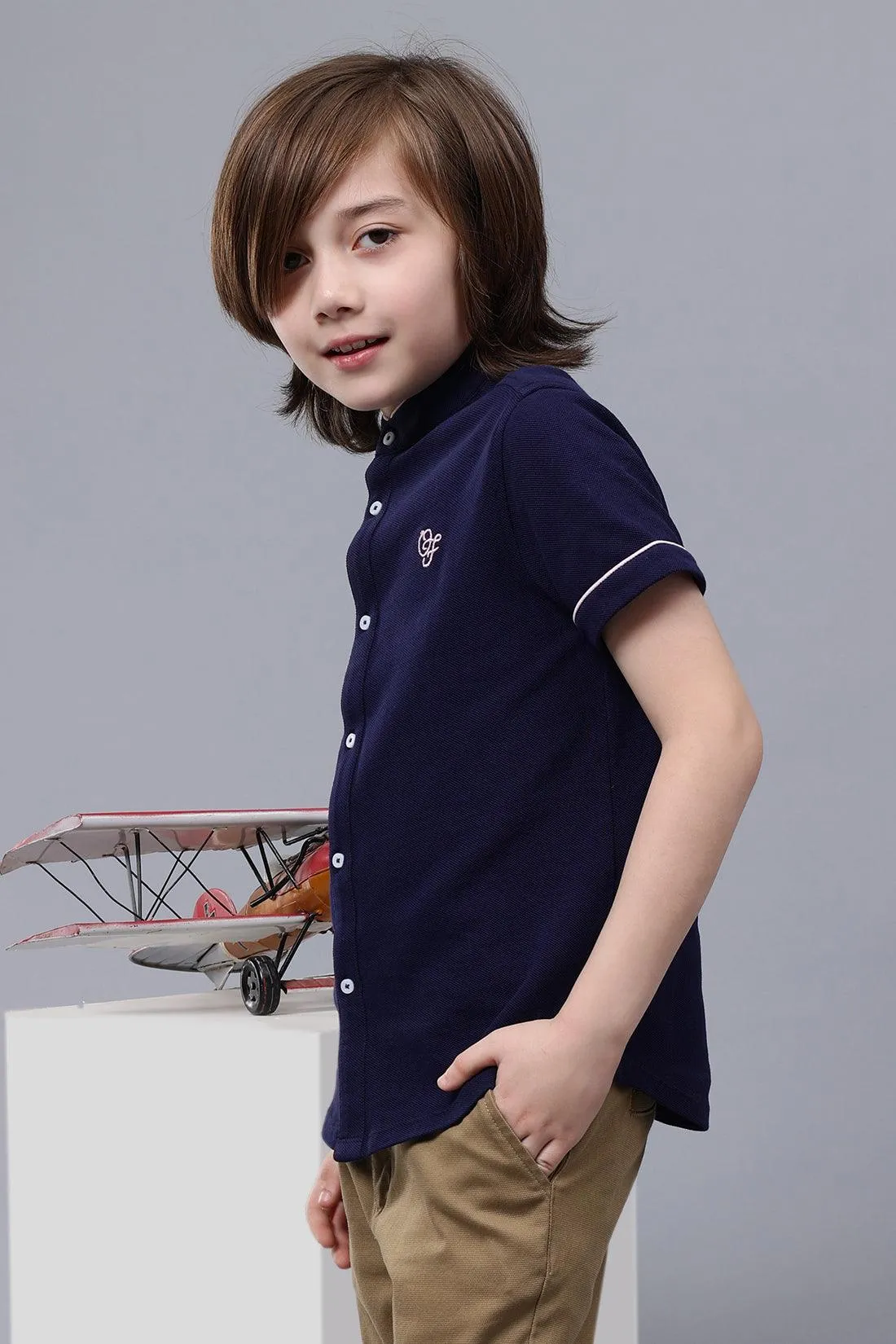 One Friday Kids Boys Navy Blue Mandarin Collar Shirt