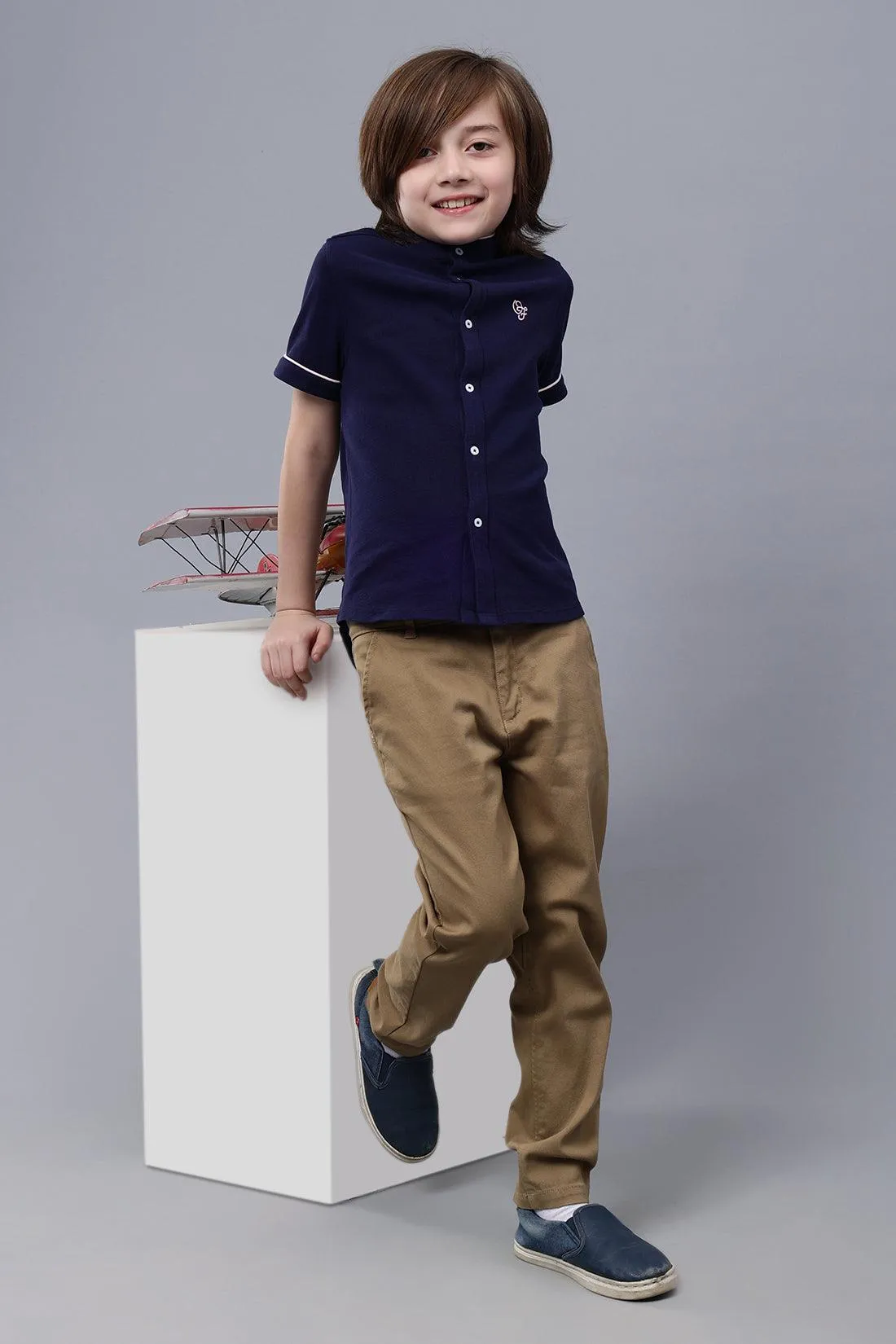 One Friday Kids Boys Navy Blue Mandarin Collar Shirt