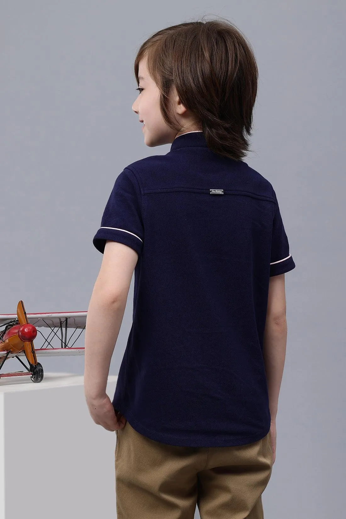 One Friday Kids Boys Navy Blue Mandarin Collar Shirt