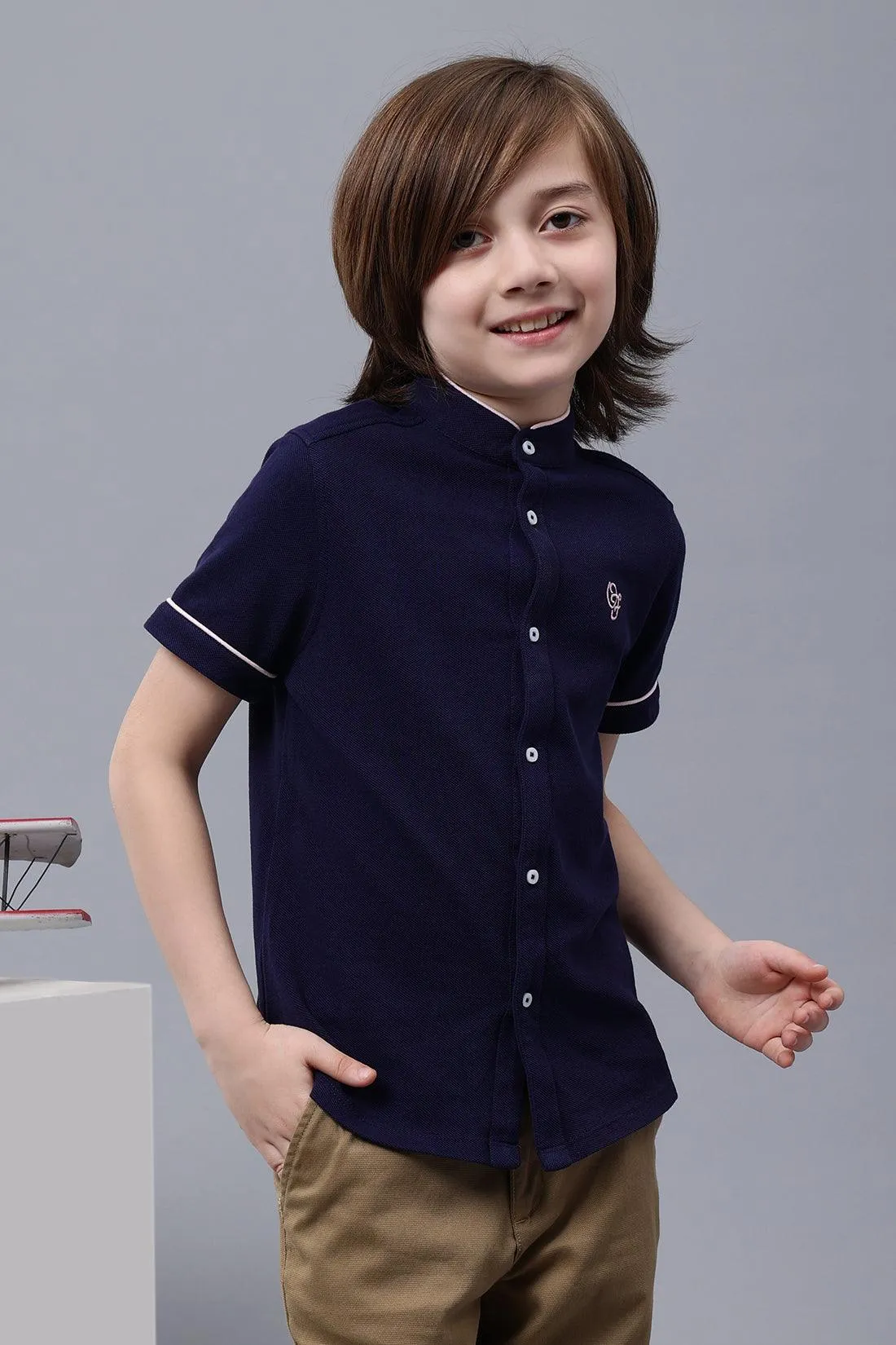 One Friday Kids Boys Navy Blue Mandarin Collar Shirt