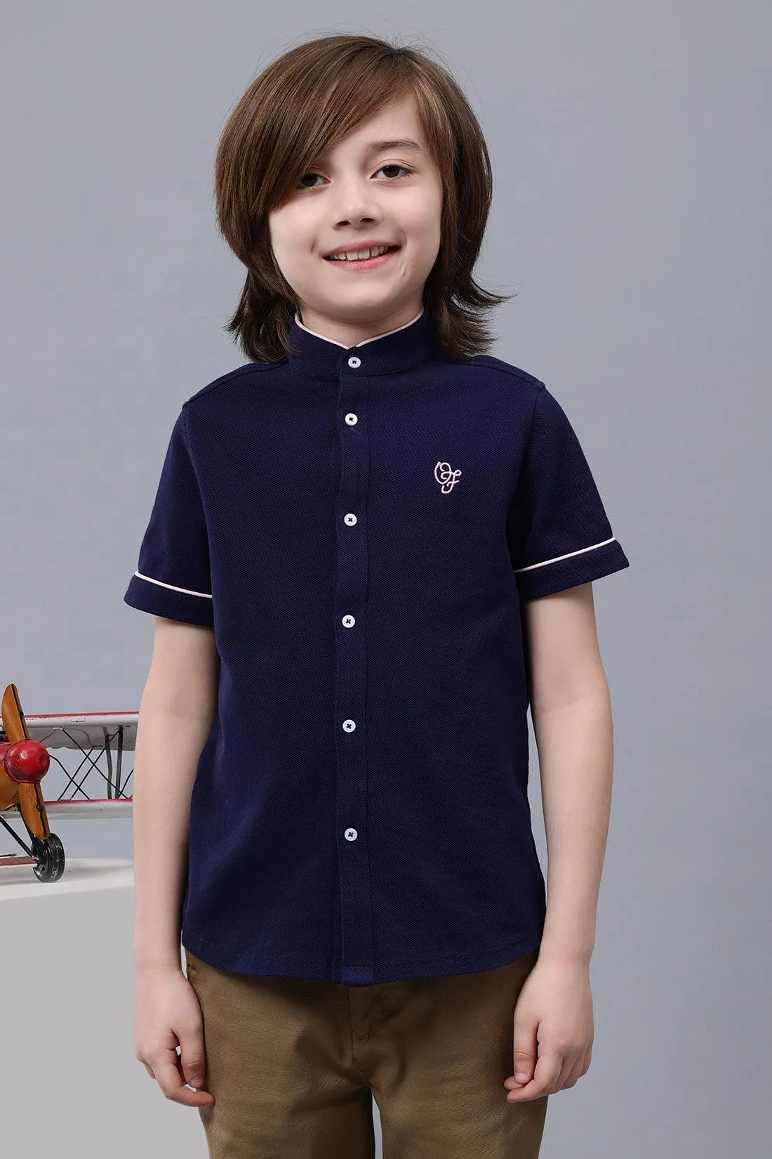 One Friday Kids Boys Navy Blue Mandarin Collar Shirt