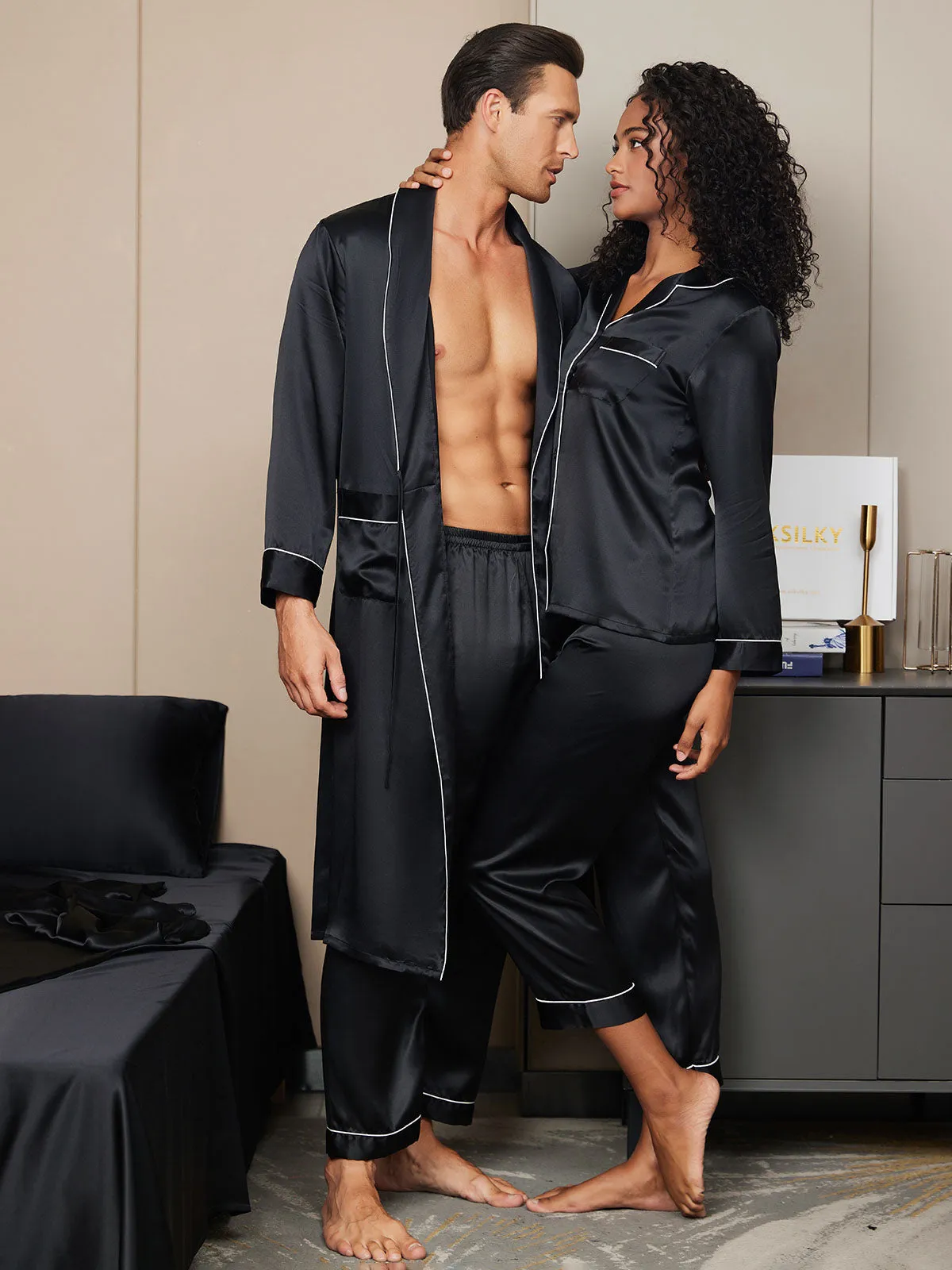 Pure Silk Couple Set - Men's Robe Pants & Women's Pyjama Set