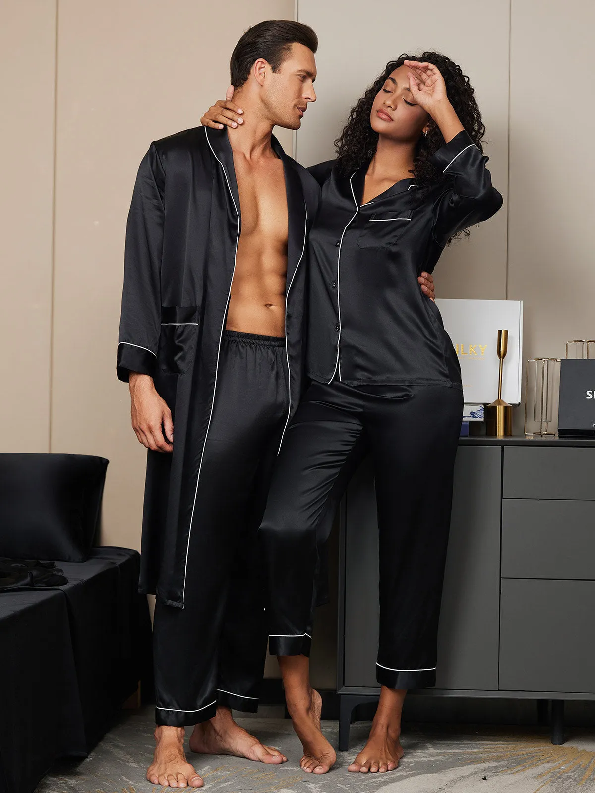 Pure Silk Couple Set - Men's Robe Pants & Women's Pyjama Set